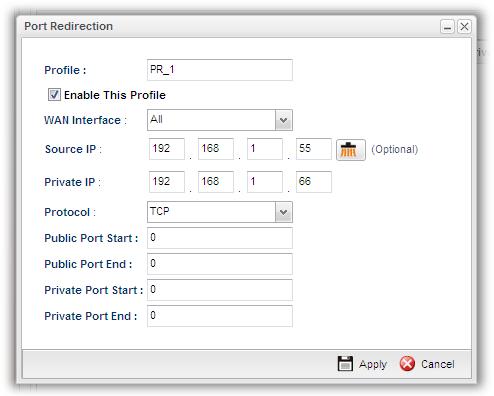 Available parameters are listed as follows: Profile Enable This Profile WAN Interface Type the name of the profile. Check the box to enable this profile. Specify the WAN interface for such profile.