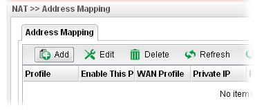 WAN Profile Private IP Private IP Subnet Mask Protocol Use IP Alias IP Alias Display the WAN profile that such address mapping profile will be applied