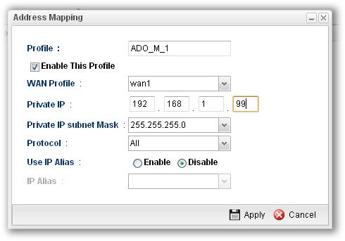 Display the using status (enabled or disabled) for WAN IP alias. Display the selected WAN IP address. How to add a new Address Mapping profile 1.