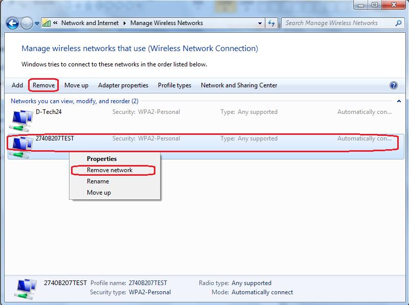 6. Select the network profile you wish to remove, make sure it is highlighted then click Remove.