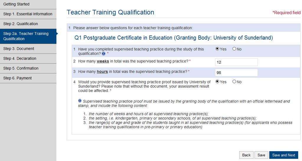 If your Purpose of Qualifications Assessment is For Teacher Registration or Teacher Appointment, and you possess teacher training qualification, you will be lead to Teacher Training