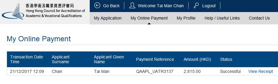 When you are at My Online Payment screen, click <View Receipt>.