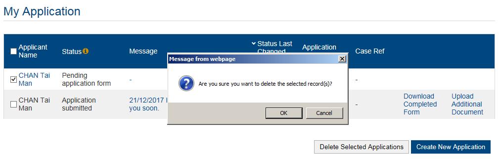10. Delete Application After login, QA i-portal will direct you to My Application page.
