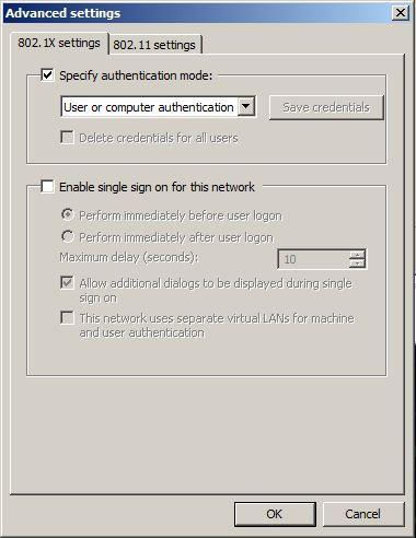 the domain or if machine or user authentication is a condition of the RADIUS policy. To choose user or computer authentication, from the Security tab, 1. Click Advanced settings. 2. Select the 802.