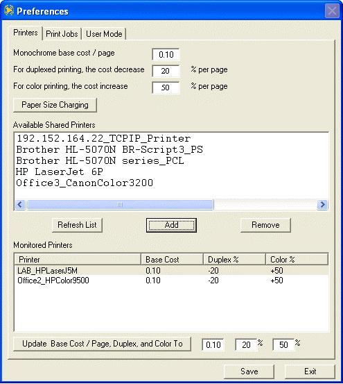 Part III Preferences & FAQ Preferences --> Printers Default Base Cost / Page The Cost / Page includes the base cost, discount for duplex printing (printing on both sides of the paper) and an extra