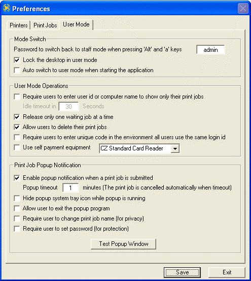 Preferences --> User Mode Staff Mode Password The password is needed to switch CZ Print Release Station from User Mode to Staff Mode. Lock Desktop The keyboard is locked out except the alt-a key.