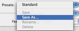 Click Presets and scroll to [Save As] to save the default options.