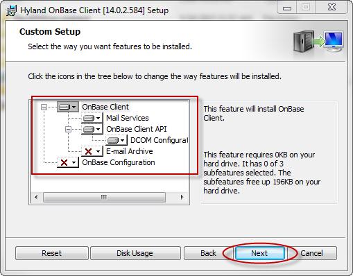 4. Click on the OnBase Client icon and select to install the features below. 5.