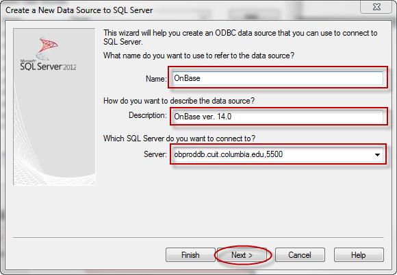 4. In the Create a New Data Source to SQL Server window, update the fields as shown below and click on the Next button. Note: The Server field reads: obproddb.cuit.columbia.edu, 5500.