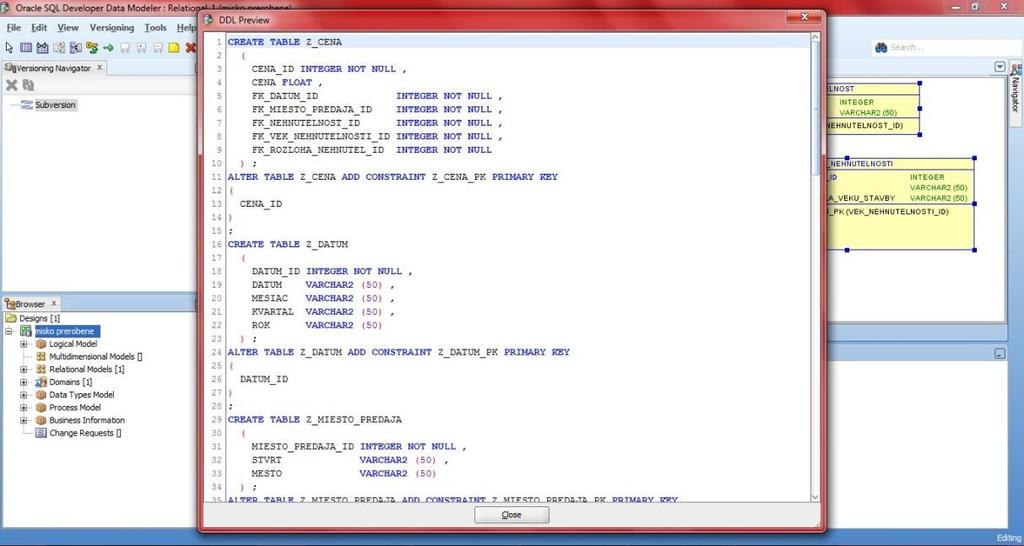 Obr. 10 Vygenerovaný SQL skript v novom okne Celý zdrojový kód SQL skriptu si môžeme pozrieť tu: CREATE TABLE Z_CENA ( CENA_ID INTEGER NOT NULL, CENA FLOAT, FK_DATUM_ID INTEGER NOT NULL,