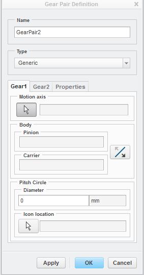 - Set the gear type to Generic and click on the white arrow to specify the motion axis. Select the motion axis that goes through the center axis of the yellow gear.