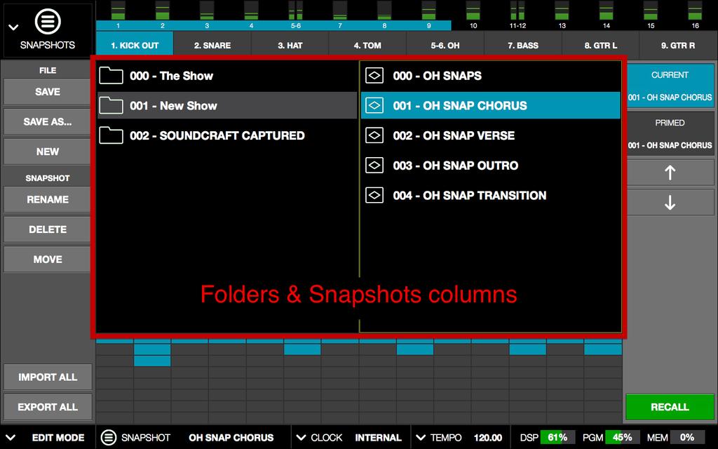 File Columns The upper middle section of the Snapshots View screen shows two columns that display the Snapshot folders and the Snapshot files contained within the folders.