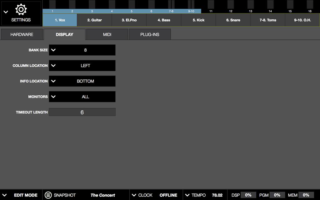 Settings View Settings view allows the user to define various preferences, settings, and behaviors that affect the hardware and operation of Live Rack.