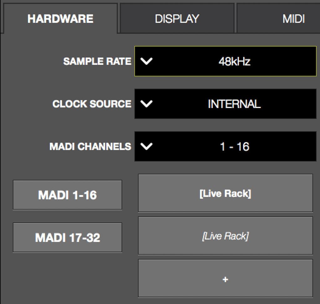 Hardware Tab Each setting in the Hardware tab is described below. Sample Rate Menu Sets the sample rate of the UAD-2 Live Rack system.