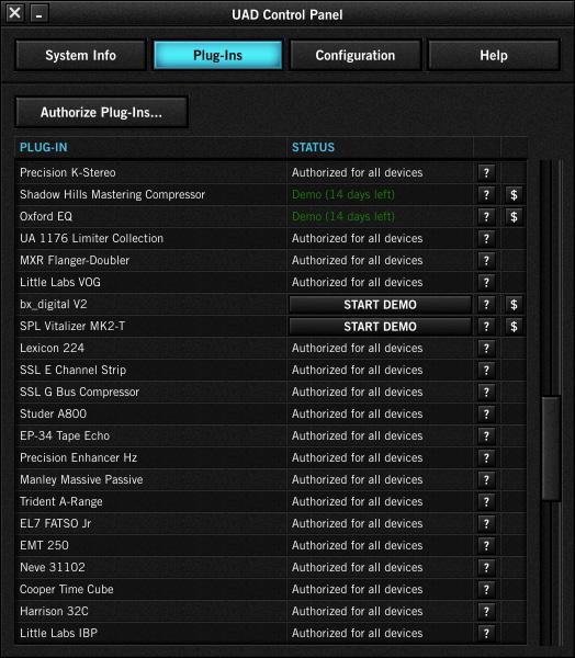 Plug-Ins Panel The Plug-Ins panel displays the current authorization and demo status of all installed UAD plug-ins. Use the scroll bar to view plug-ins that are not visible in the list.