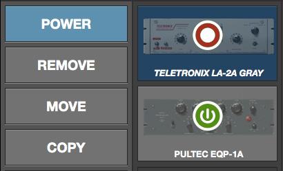 Power The Power option deactivates an individual plug-in within a single insert slot. When deactivated, the plug-in no longer uses UAD DSP resources. Click the modifier to change the power state.