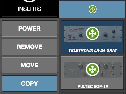 Copy The Copy option is used to duplicate an individual plug-in (modifier on plug-in insert) or complete channel strip (modifier above inserts), and their active settings.