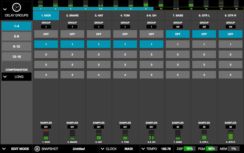Delay Groups View Delay Groups are latency compensation tools used to maintain phase alignment across multiple channels when upsampled UAD plug-ins are used in Live Rack.