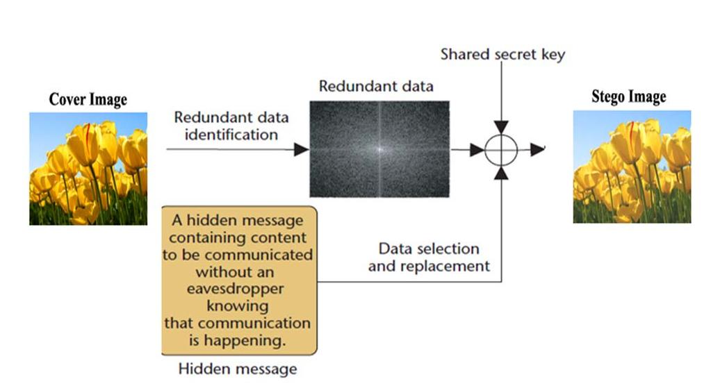 Fig.1 Modern steganographic communication. The encoding step of a steganographic system identifies redundant bits and then replaces a subset of them with data from a secret message.