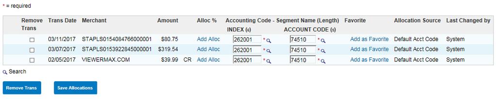 Click Add Alloc to divide a transaction among