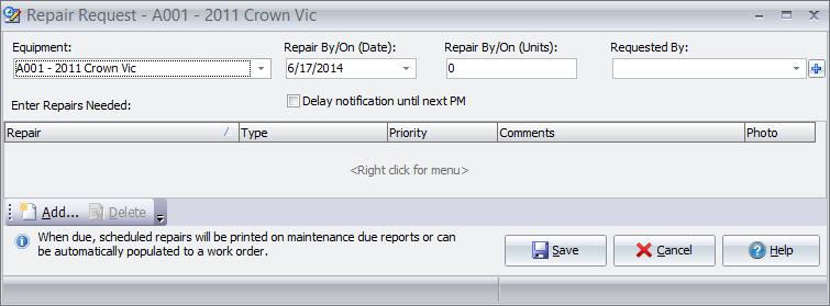 50 Fleet Maintenance Pro Version 14 2. On the "Repair Request" screen, you can record the item(s) that require attention in the "Enter Repairs Needed" section.