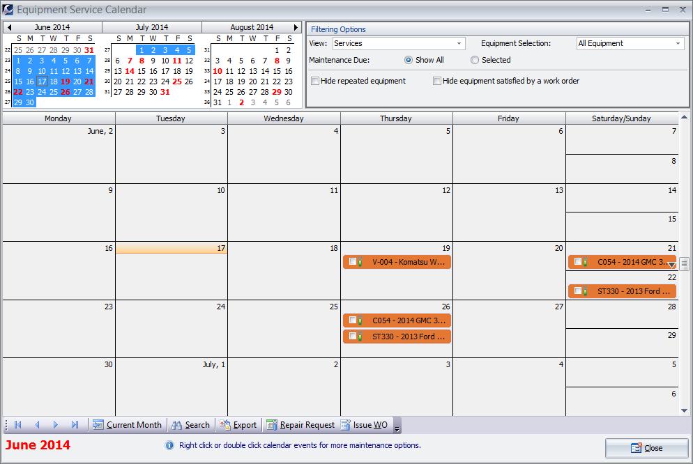 52 Fleet Maintenance Pro Version 14 9 - Service Calendar Fleet Maintenance Pro includes an Equipment Service Calendar which allows you to view PM tasks and repairs that are scheduled on your