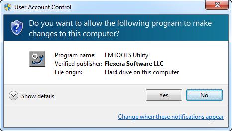 Windows Installation 3 A Windows query appears on your display, click Yes. 4 The FLEXnet Lmtools interface appears on your display with the Service/License File page displayed.