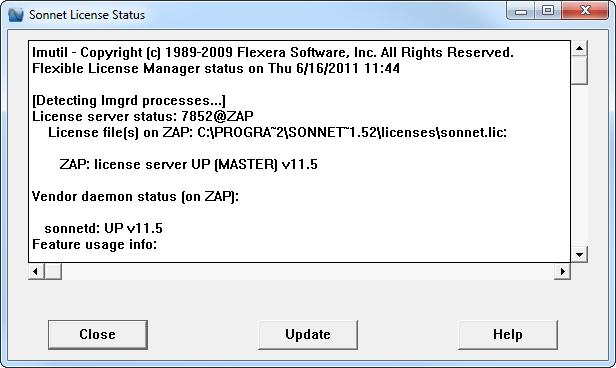 Windows Installation Status window appears, as shown below, with the license manager status displayed. The status message appears here.
