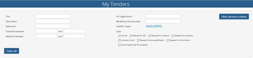 Click on SHOW MORE CRITERIA on the upper right side. In the UN Organization Field, type FAO. The system will automatically show all the active tender notices issued by FAO.