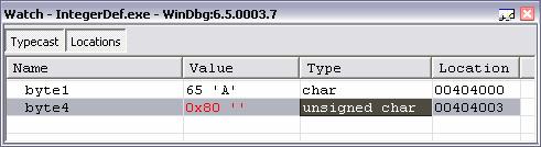 The value of variables can be in hexadecimal or decimal depending on whether the type is unsigned or not. The windows debugger uses different type names other than the ones used in MASM.