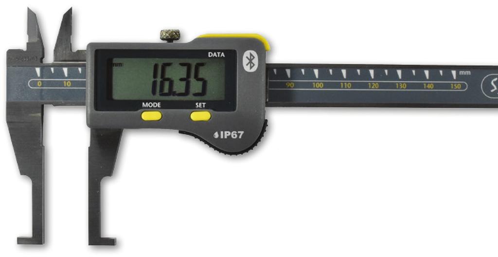 Special caliper DESCRIPTION S_Cal EVO BT IG Bluetooth d for heavy-duty work with coolants and lubricants, protection rating IP67 according to IEC 60529, bsolute System S.I.S* Digital display LCD, Height of digits 11.