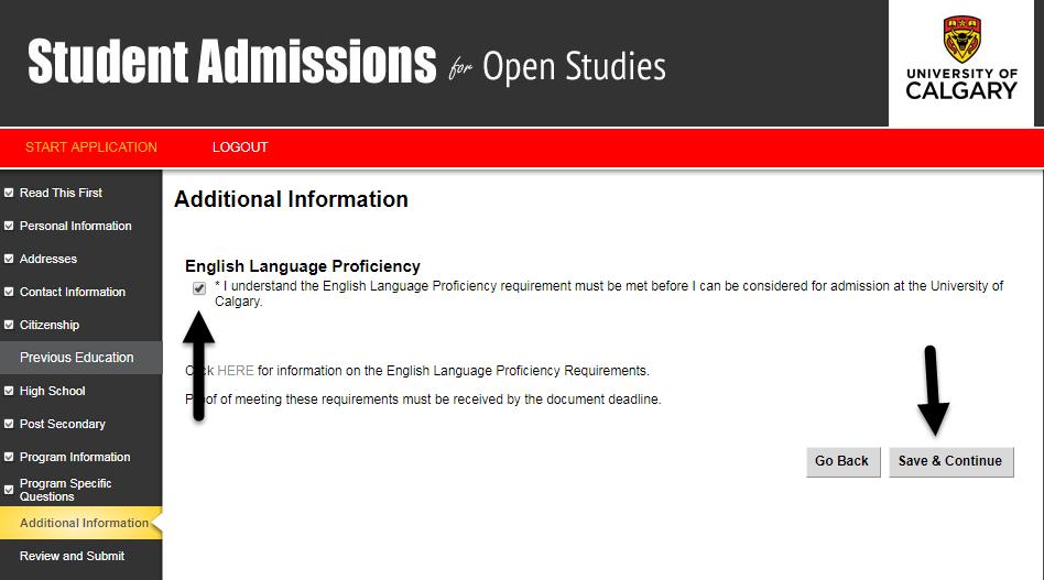 24. Click on the box indicating that you understand the English Language Proficiency requirements must be met before admission.