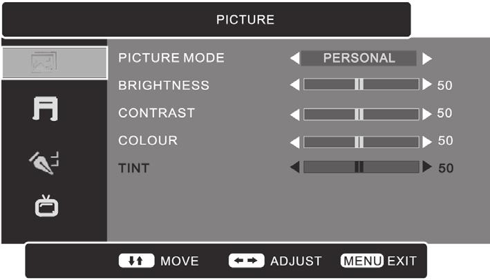 Using the Customising the PICTURE Setting Preparation Picture Mode Allows you to set your preferred picture mode. 1.