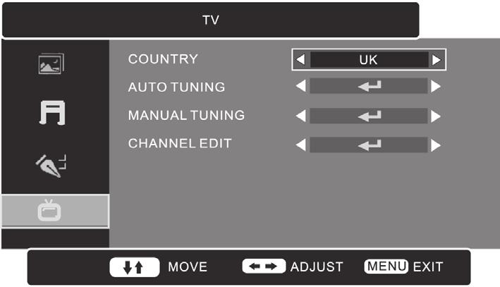 Preparation Connections Initial Setup Using the Using the DVR (Digital via USB port Video Recorder) Customising the TV Setting (TV Mode) Country Allows you to select the country where you are using