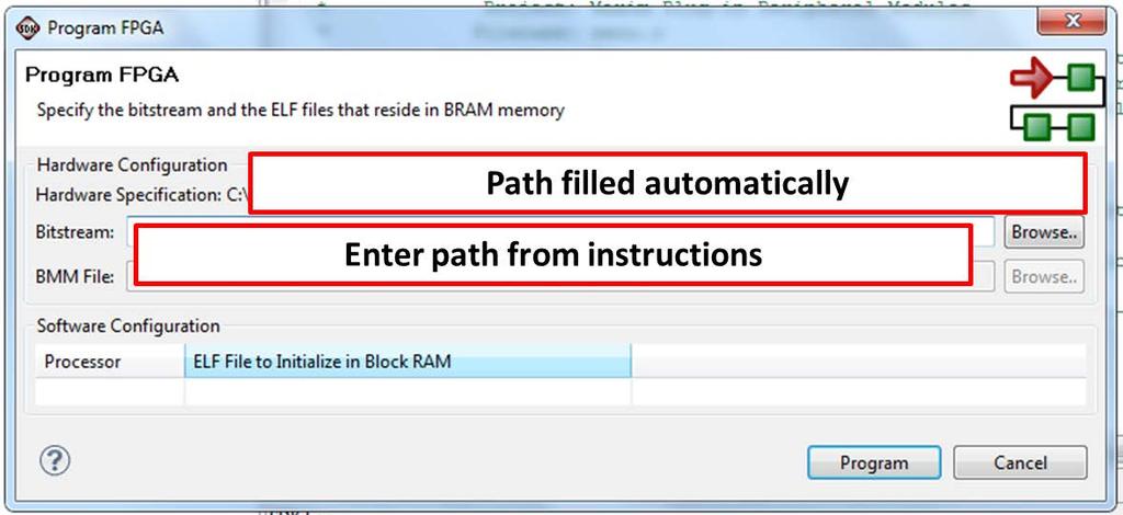From here, an FPGA bitstream (top_mem.bit) file is selected as well as an FPGA BMM (.BMM) file. Be sure to select the.bit file and the.bmm by using the paths below.