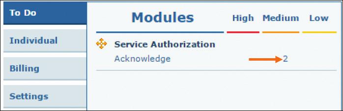 Acknowledging Service Authorizations 1. Click on the count number to open up the service authorizations.