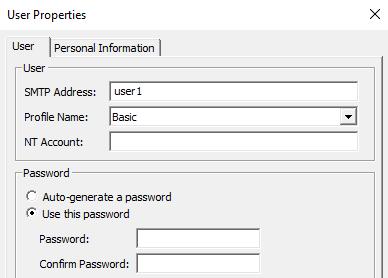 The User Properties screen is displayed. Enter desired values for SMTP Address.