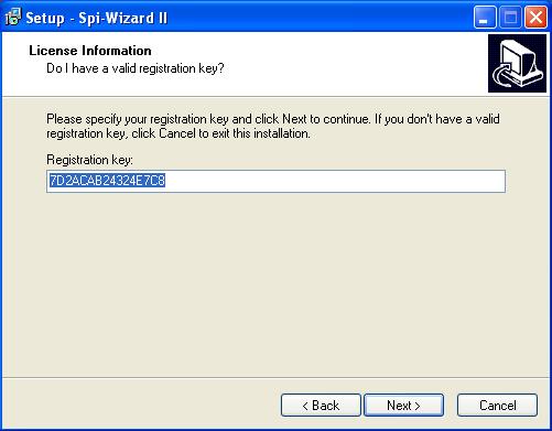 Spi-Wizard II Installation Guide - 2 - If this is your first installation on this PC, you will have to enter your registration key