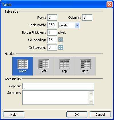 panel to the page. 2) The Insert Table dialog box will appear. Specify the required options for your table.