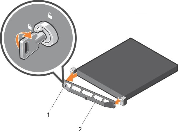 Figure 17. Removing the optional front bezel 1 bezel lock 2 front bezel Installing the optional front bezel Prerequisite Follow the safety guidelines listed in the Safety instructions section.
