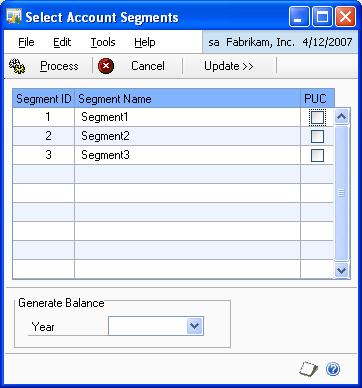 CHAPTER 1 SINGLE ACCOUNT PLAN SETUP To select the account segments: 1. Open the Select Account Segments window.