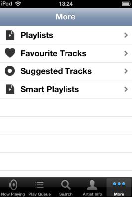 More Tab Tapping the More tab displays more "tabs" as follows: Playlists Favourite tracks Suggested tracks Smart