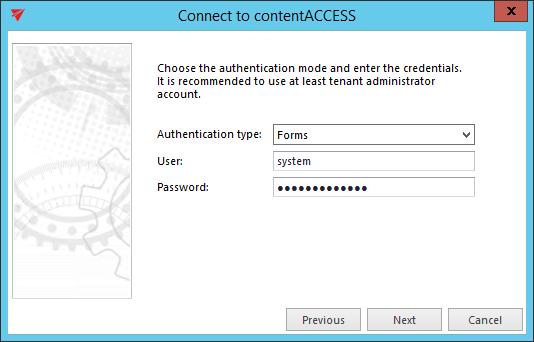 Choose the Authentication type to be used to connect to contentaccess and enter the applicable user credentials. It is recommended to use at least tenant administrator account. Click Next.