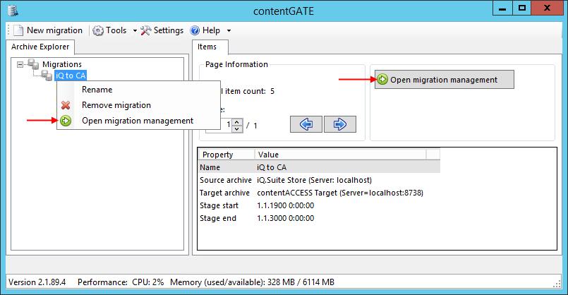 5.3 Configuring the migration project Open the iq to CA migration s management interface from the node s context menu (or via the Open migration management button in the Items pane).