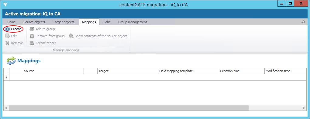 The Mappings dialog features the source object(s) TO BE MIGRATED on the source side, and target object(s) WHERE the source objects can be migrated on the target side.