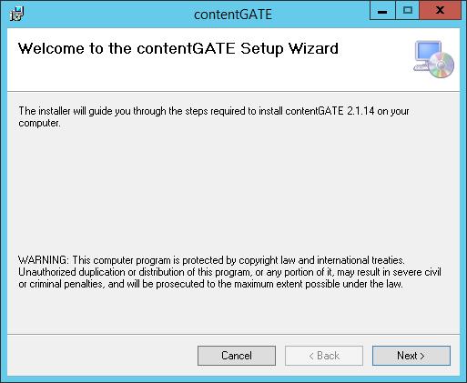 The contentgate application installs simply in few moments. Just run the contentgate_setup_xxx.msi. On the Welcome page click Next. In the following dialog the destination folder can be changed.