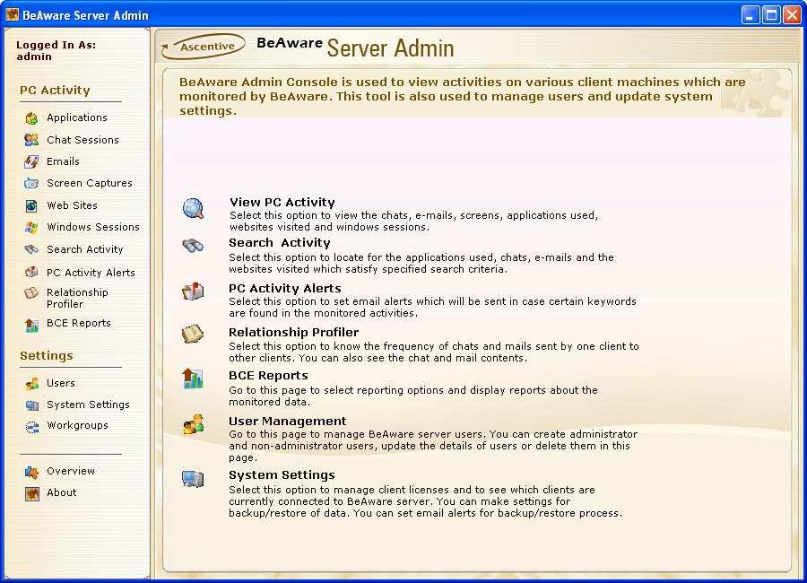 Overview Screen The Overview Screen contains shortcut to all of the tabs under PC Activity & Settings. By default this screen is displayed whenever you login.