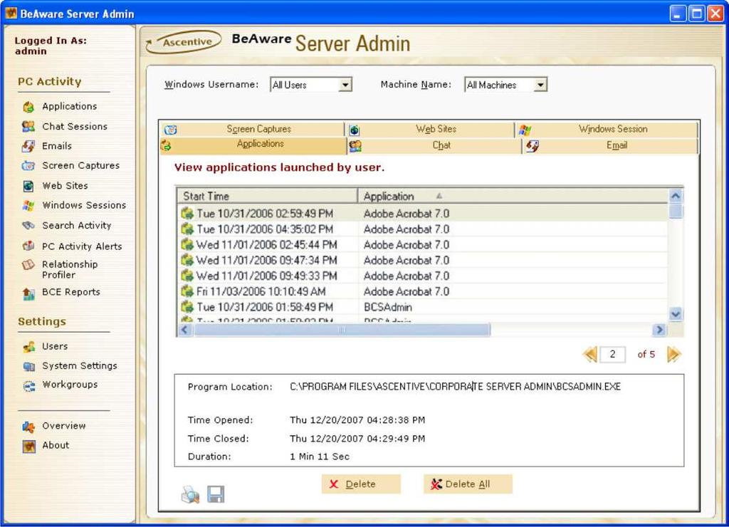 Screen Capture 9 - Application Screen The application window displays the following information from the monitored machine(s): Start Time: Displays the date and time the user started the application.