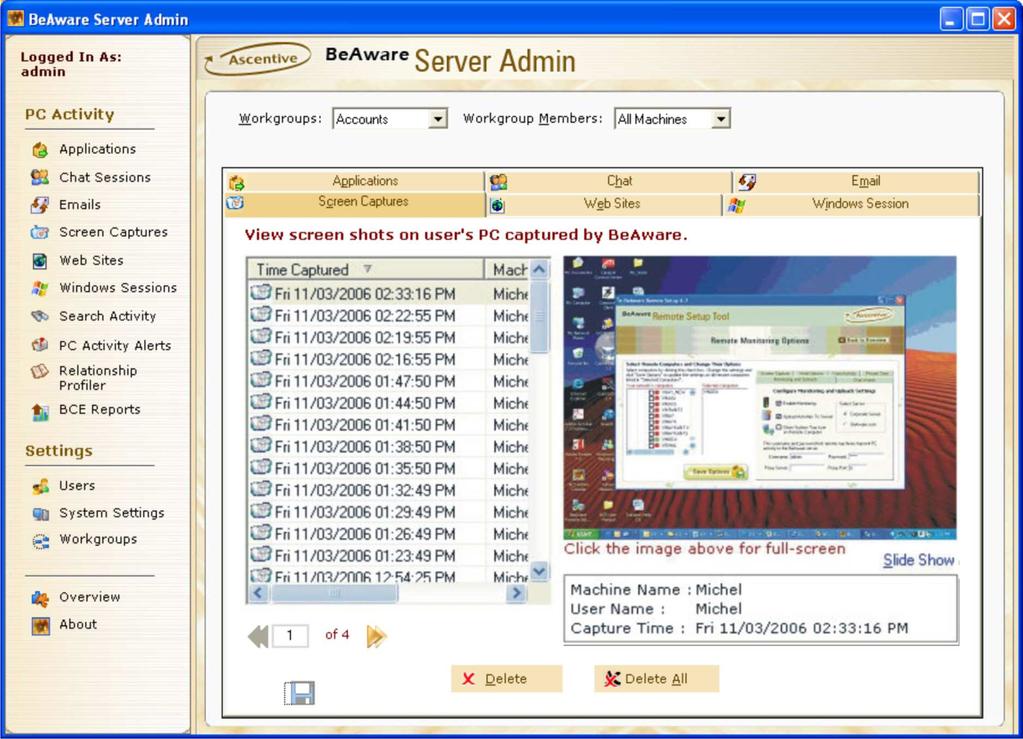 Screen Captures Screen Captures tab displays all the screen shots on user s PC captured by BeAware.