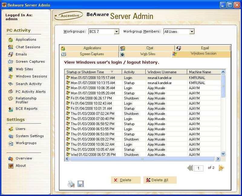 Windows Session Windows Session tab displays the information regarding user s login/logout history.